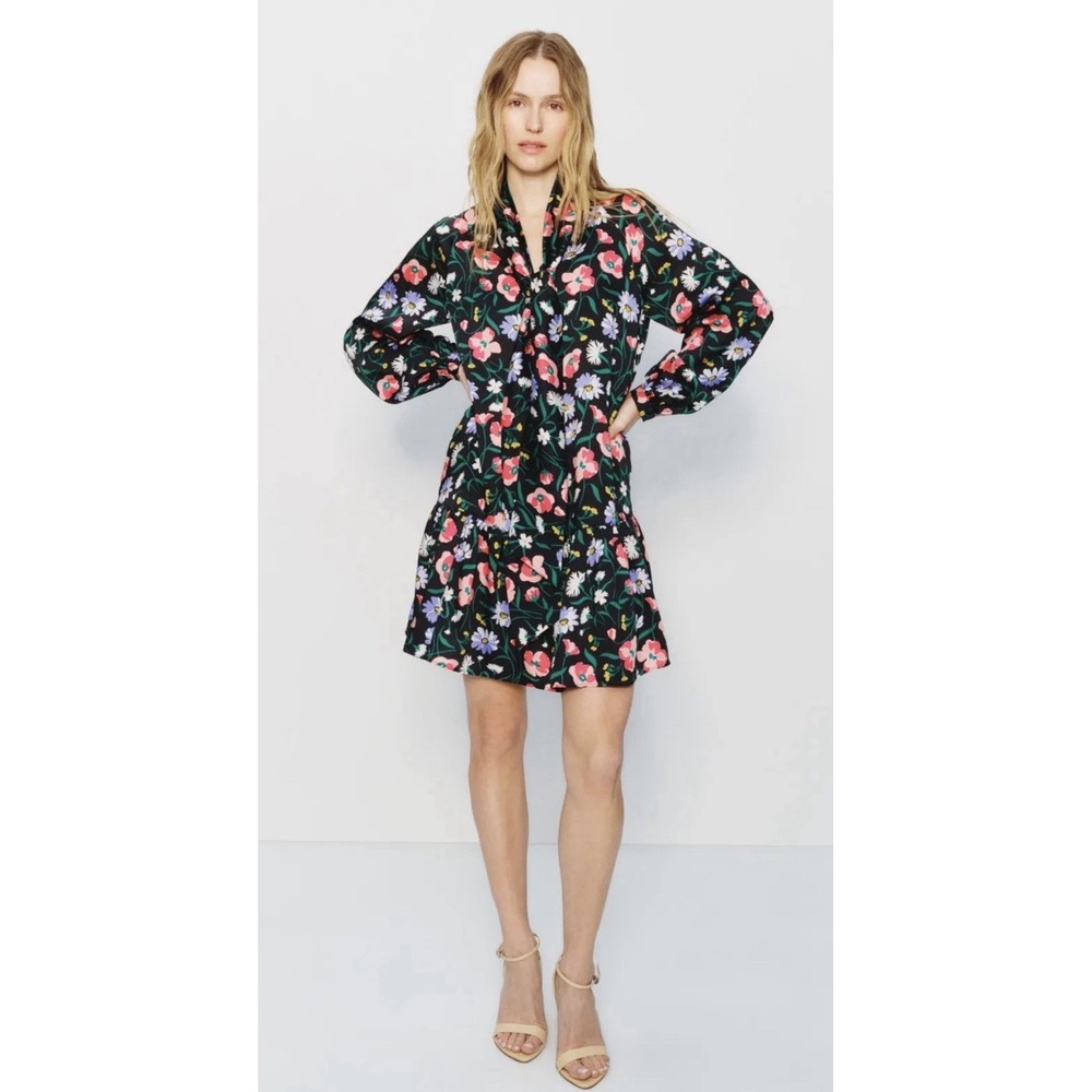 Kate Spade Floral Mini Black Dress Bow Neck Cottagecore Romantic‎ XS A-Line $298